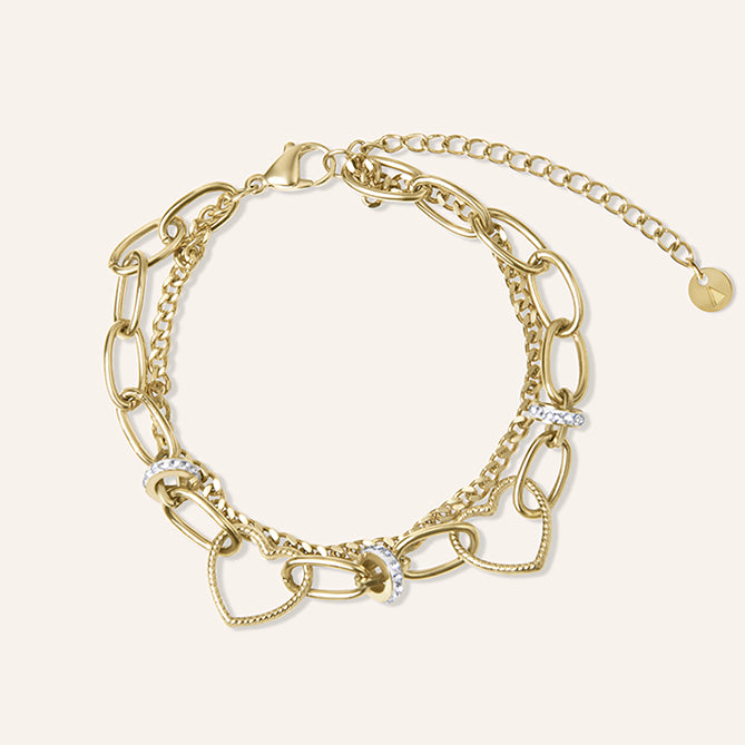 amberz gouden armband met hartje en zirkonia steentjes, verstelbare schakelarmband, stainless steel sieraden