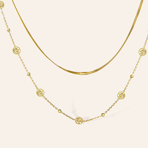 Gouden dubbele ketting met boom des levens symbool en snake chain – Estrel van Amberz.