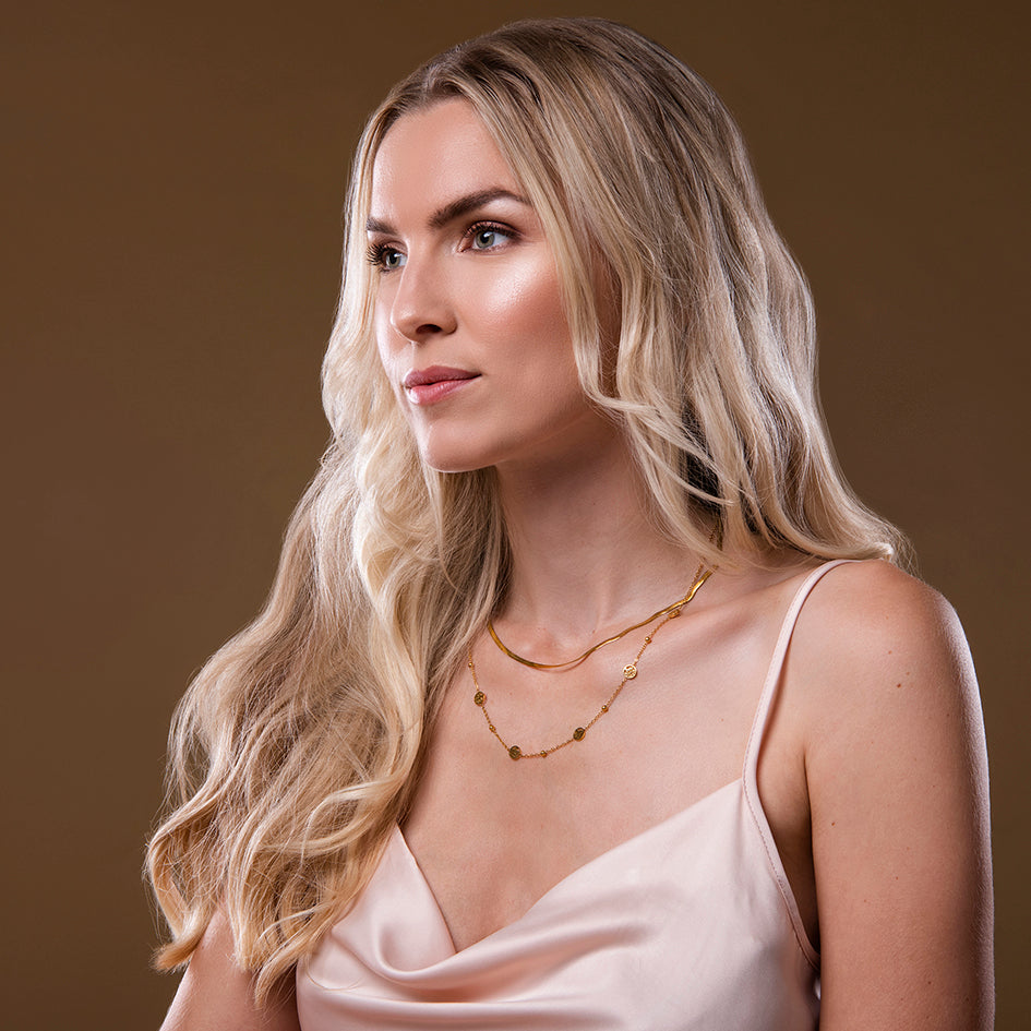 Gouden dubbele ketting met boom des levens symbool en snake chain – Estrel van Amberz.