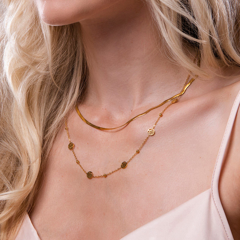 Gouden dubbele ketting met boom des levens symbool en snake chain – Estrel van Amberz.