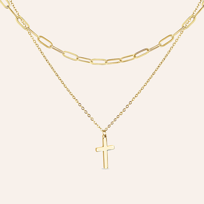 Dubbele gouden ketting dames met kruis hanger en schakelketting – Grace cross van Amberz
