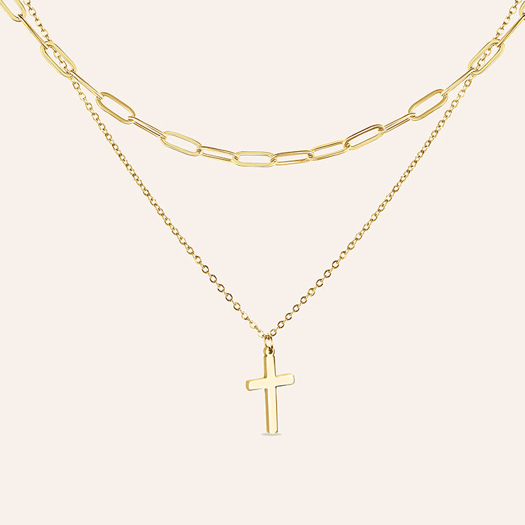 Dubbele gouden ketting dames met kruis hanger en schakelketting – Grace cross van Amberz