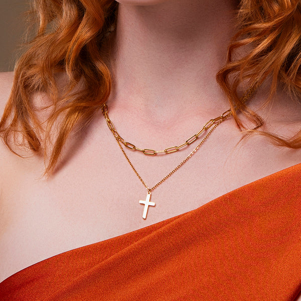 Dubbele gouden ketting dames met kruis hanger en schakelketting – Grace cross van Amberz