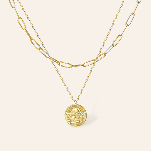 Gouden gelaagde ketting met gezicht gravure op munt hanger – Koko van Amberz.