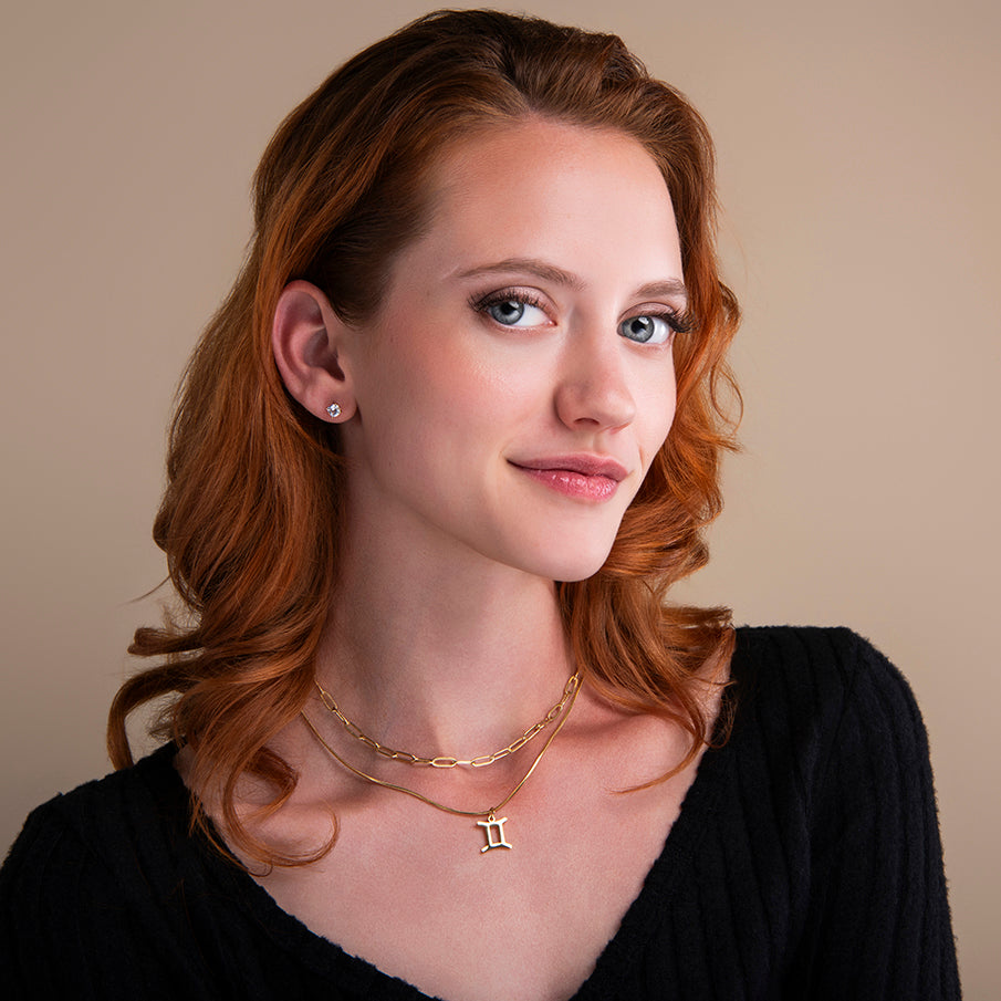 gouden dubbele ketting met sterrenbeeld hanger tweelingen – zodiac ketting met paperclip en slangenketting