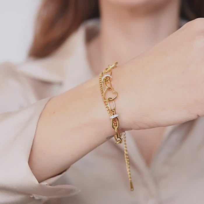 amberz gouden armband met hartje en zirkonia steentjes, verstelbare schakelarmband, stainless steel sieraden